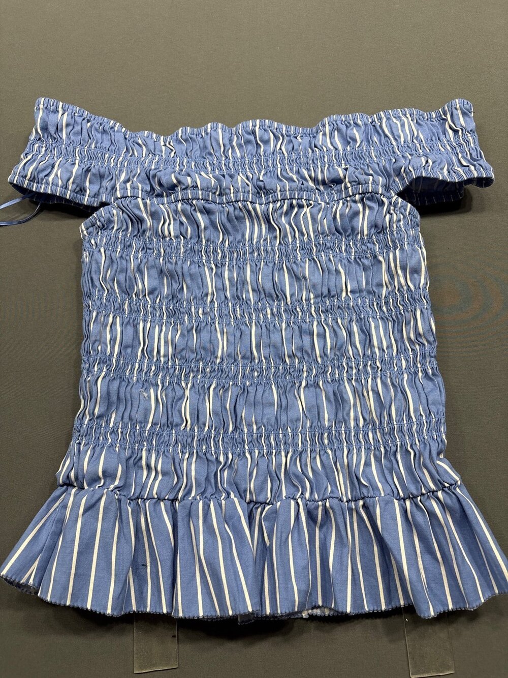 Reformation Blue Stripe Smocked Off-Shoulder Top Size M